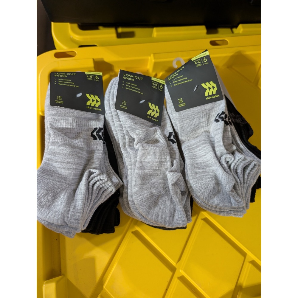 All in Motion Mens Low Cut Athletic Socks 18 Pair Bundle Grey Black Size 8-12